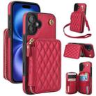 For iPhone 16 Plus AwQuer Crossbody Zipper Wallet Rhombic Leather Back Phone Case(Red) - 1