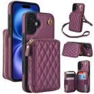 For iPhone 16 Plus AwQuer Crossbody Zipper Wallet Rhombic Leather Back Phone Case(Dark Purple) - 1