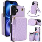 For iPhone 16 Plus AwQuer Crossbody Zipper Wallet Rhombic Leather Back Phone Case(Purple) - 1