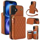 For iPhone 16 Plus AwQuer Crossbody Zipper Wallet Rhombic Leather Back Phone Case(Brown) - 1