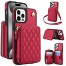 For iPhone 15 Pro Max AwQuer Crossbody Zipper Wallet Rhombic Leather Back Phone Case(Red) - 1