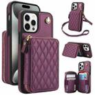 For iPhone 15 Pro Max AwQuer Crossbody Zipper Wallet Rhombic Leather Back Phone Case(Dark Purple) - 1