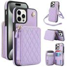 For iPhone 15 Pro Max AwQuer Crossbody Zipper Wallet Rhombic Leather Back Phone Case(Purple) - 1