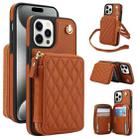 For iPhone 15 Pro AwQuer Crossbody Zipper Wallet Rhombic Leather Back Phone Case(Brown) - 1