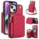 For iPhone 15 Plus AwQuer Crossbody Zipper Wallet Rhombic Leather Back Phone Case(Red) - 1
