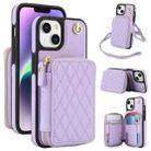 For iPhone 15 Plus AwQuer Crossbody Zipper Wallet Rhombic Leather Back Phone Case(Purple) - 1