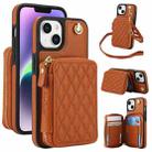 For iPhone 15 Plus AwQuer Crossbody Zipper Wallet Rhombic Leather Back Phone Case(Brown) - 1