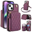 For iPhone 15 AwQuer Crossbody Zipper Wallet Rhombic Leather Back Phone Case(Dark Purple) - 1