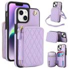 For iPhone 15 AwQuer Crossbody Zipper Wallet Rhombic Leather Back Phone Case(Purple) - 1