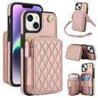 For iPhone 14 Plus AwQuer Crossbody Zipper Wallet Rhombic Leather Back Phone Case(Rose Gold) - 1