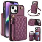 For iPhone 14 / 13 AwQuer Crossbody Zipper Wallet Rhombic Leather Back Phone Case(Dark Purple) - 1