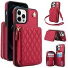 For iPhone 13 Pro Max AwQuer Crossbody Zipper Wallet Rhombic Leather Back Phone Case(Red) - 1