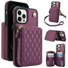 For iPhone 13 Pro Max AwQuer Crossbody Zipper Wallet Rhombic Leather Back Phone Case(Dark Purple) - 1