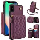 For iPhone X / XS AwQuer Crossbody Zipper Wallet Rhombic Leather Back Phone Case(Dark Purple) - 1