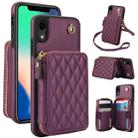 For iPhone XR AwQuer Crossbody Zipper Wallet Rhombic Leather Back Phone Case(Dark Purple) - 1