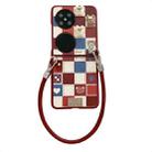 For Huawei P50 Pocket Lattice Little Bear Pattern Full Coverage Phone Case with Wrist Strap(Red) - 1