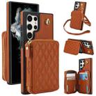 For Samsung Galaxy S24 Ultra 5G AwQuer Crossbody Zipper Wallet Rhombic Leather Back Phone Case(Brown) - 1