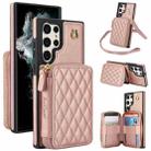 For Samsung Galaxy S23 Ultra 5G AwQuer Crossbody Zipper Wallet Rhombic Leather Back Phone Case(Rose Gold) - 1