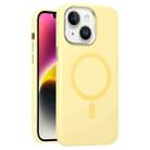 For iPhone 14 Metal Lens Frame Liquid Silicone MagSafe Phone Case(Cream Yellow) - 1