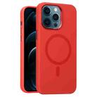 For iPhone 12 Pro Max Metal Lens Frame Liquid Silicone MagSafe Phone Case(Red) - 1