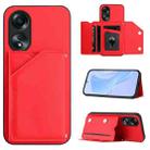 For OPPO A58 4G Global Skin Feel Four Card Slots Phone Case with Wrist Strap(Red) - 1