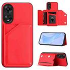 For OPPO A78 4G Global Skin Feel Four Card Slots Phone Case with Wrist Strap(Red) - 1