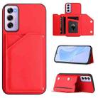 For OPPO Reno12 Pro Global Skin Feel Four Card Slots Phone Case with Wrist Strap(Red) - 1