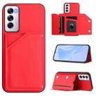 For OPPO Reno12 Global Skin Feel Four Card Slots Phone Case with Wrist Strap(Red) - 1