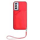 For OPPO Reno12 Global Skin Feel Four Card Slots Phone Case with Wrist Strap(Red) - 2