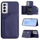 For OPPO Reno12 Global Skin Feel Four Card Slots Phone Case with Wrist Strap(Blue) - 1