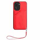 For OPPO Reno11 Pro Global Skin Feel Four Card Slots Phone Case with Wrist Strap(Red) - 2