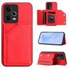 For Redmi Note 12 5G Global Skin Feel Four Card Slots Phone Case with Wrist Strap(Red) - 1