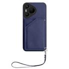 For Huawei Pura 70 Skin Feel Four Card Slots Phone Case with Wrist Strap(Blue) - 2