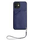 For iPhone 11 Skin Feel Four Card Slots Phone Case with Wrist Strap(Blue) - 2