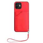 For iPhone 12 mini Skin Feel Four Card Slots Phone Case with Wrist Strap(Red) - 2