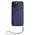 For iPhone 12 Pro Max Skin Feel Four Card Slots Phone Case with Wrist Strap(Blue) - 2