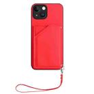 For iPhone 13 Skin Feel Four Card Slots Phone Case with Wrist Strap(Red) - 2