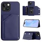 For iPhone 13 Skin Feel Four Card Slots Phone Case with Wrist Strap(Blue) - 1