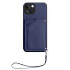 For iPhone 13 Skin Feel Four Card Slots Phone Case with Wrist Strap(Blue) - 2