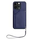 For iPhone 13 Pro Skin Feel Four Card Slots Phone Case with Wrist Strap(Blue) - 2