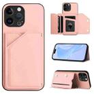 For iPhone 13 Pro Max Skin Feel Four Card Slots Phone Case with Wrist Strap(Pink) - 1