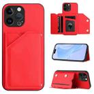 For iPhone 13 Pro Max Skin Feel Four Card Slots Phone Case with Wrist Strap(Red) - 1