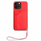 For iPhone 13 Pro Max Skin Feel Four Card Slots Phone Case with Wrist Strap(Red) - 2
