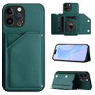 For iPhone 13 Pro Max Skin Feel Four Card Slots Phone Case with Wrist Strap(Green) - 1