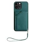 For iPhone 13 Pro Max Skin Feel Four Card Slots Phone Case with Wrist Strap(Green) - 2