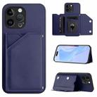 For iPhone 13 Pro Max Skin Feel Four Card Slots Phone Case with Wrist Strap(Blue) - 1
