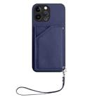 For iPhone 13 Pro Max Skin Feel Four Card Slots Phone Case with Wrist Strap(Blue) - 2