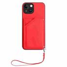 For iPhone 14 Skin Feel Four Card Slots Phone Case with Wrist Strap(Red) - 2