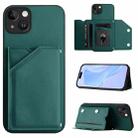 For iPhone 14 Plus Skin Feel Four Card Slots Phone Case with Wrist Strap(Green) - 1