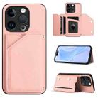 For iPhone 14 Pro Skin Feel Four Card Slots Phone Case with Wrist Strap(Pink) - 1